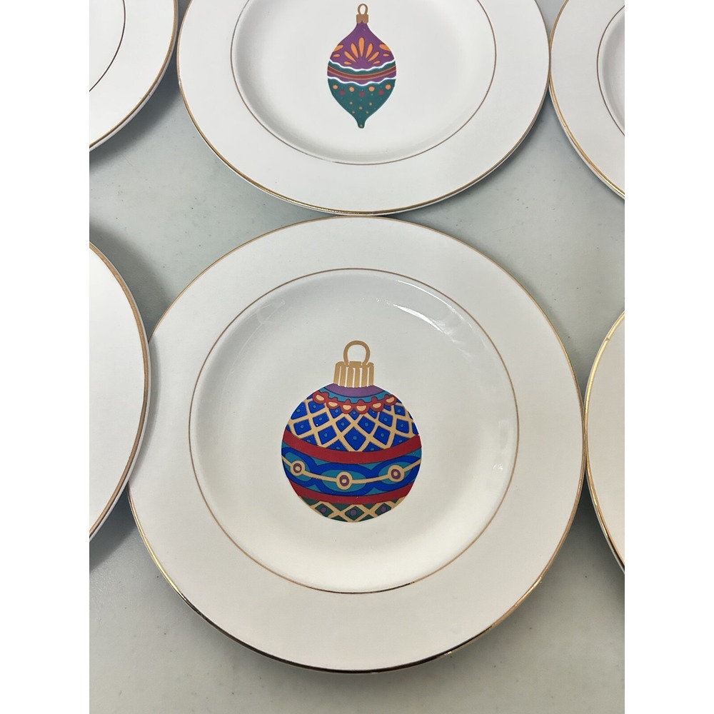 Vintage Gibson Set of 6 Christmas Ornaments Dessert Salad Plate 9" Gold Rim DECO - Picture 5 of 9